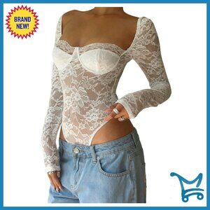 Long Sleeve Lace Bodysuit Sweetheart Neck Tummy Control Party Wear